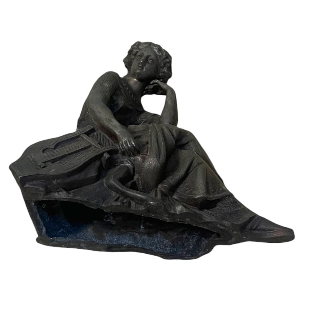 Cast Metal Art Nouveau Statue of Woman with A Lyre Metal Alloy Harp‎ Collectible